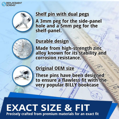 Heavy Duty Shelf Support Pins And Replacement Screws Compatible With Ikea Part 131372 Solid Zinc Alloy durable dual peg design.