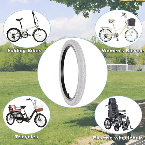 Two Pack 20x1.75 White Bike Tires And Tubes Set For Road Street E-Bike And Wheelchair shown with compatible vehicles