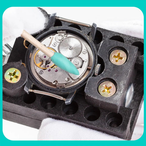 Pro Grade Watch Cleaning Putty Kit For Precision Movement Cleanup And Dial Dust Removal with willow stick in use on wristwatch
