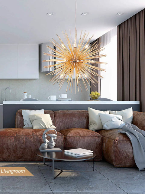 Gold Sputnik Chandelier Pendant Light 12 Light Fixture for Kitchen Island, decor in a modern living room setting.