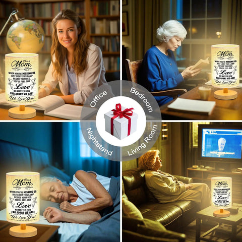 Cozy Night Light Table Lamp Gift For Mom From Daughter And Son With A Heartfelt Message On The Lampshade in various rooms.