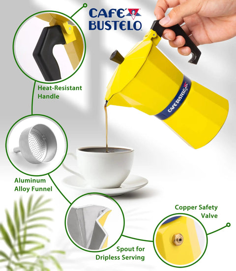 Bold Yellow Stovetop Moka Pot Espresso Maker 300 Ml Cup for Home Barista Quality Coffee Percolator Durable Aluminum