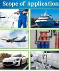 Collage showing uses for 3-In-1 Spigot Repair Washers Kit With Hose Gasket And Faucet O-Rings, including car wash, yacht, airplane, plumbing, luxury car, kitchen faucet.