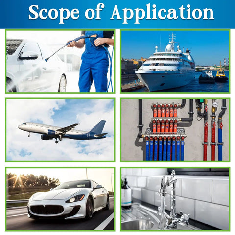 Collage showing uses for 3-In-1 Spigot Repair Washers Kit With Hose Gasket And Faucet O-Rings, including car wash, yacht, airplane, plumbing, luxury car, kitchen faucet.