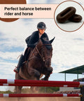Rider jumping horse with Horse Martingale Stopper Rubber Rein Stopper, secure fit, brown heavy-duty rubber, in action