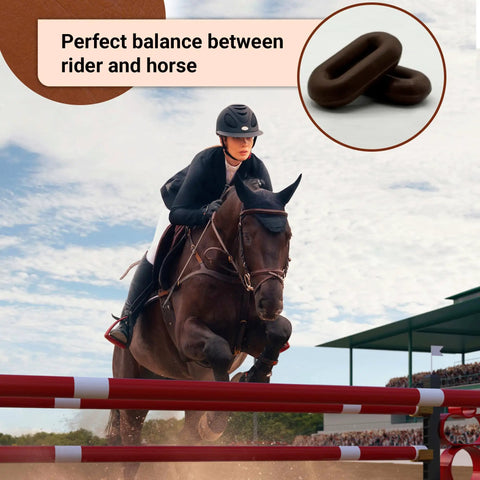 Rider jumping horse with Horse Martingale Stopper Rubber Rein Stopper, secure fit, brown heavy-duty rubber, in action