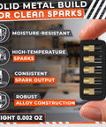 Close-up of 25 Pcs Striker Flint Replacements for Grills Stoves and Torches, 0.14 in diameter steel flint in holder, spark features displayed.