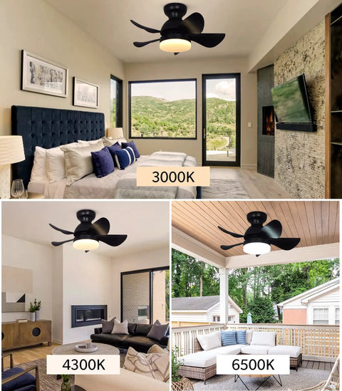 30 Inch Flush Mount Ceiling Fan With No Fuss Remote And App Control, Dimmable LED Light At 2160 Lumens in various rooms