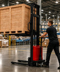 Heavy Duty Semi Electric Pallet Stacker With Rock Solid 3300 Lbs Capacity delivering snappy 94.8 inch lift height in use.
