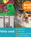 Green plastic netting roll with flowers and chicken in garden, promoting uses like enclosure and floor mat. Good in life label.