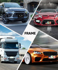 Image showing Two Pack Matte Black Aluminum License Plate Frames With Two Holes Narrow Design on diverse vehicles including SUV, sports car, truck, and sedan.