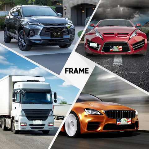 Image showing Two Pack Matte Black Aluminum License Plate Frames With Two Holes Narrow Design on diverse vehicles including SUV, sports car, truck, and sedan.