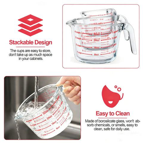 6 Piece Glass Measuring Cup Set With Lids 1 cup 2 cup 4 cup nesting jugs borosilicate glass microwave oven freezer safe dishwasher safe clear