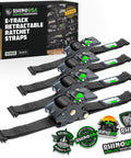 E Track Retractable Ratchet Tie Downs 2 Inch By 10 Foot Heavy Duty Cargo Straps Set Of Four For Trailer Rails Self Retracting With Button Zinc Coated Ratchets American Owned Family Business, black straps and packaging