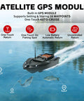 RC Fishing Bait Boat With GPS Positioning shown with satellite module and waypoints in a lake setting