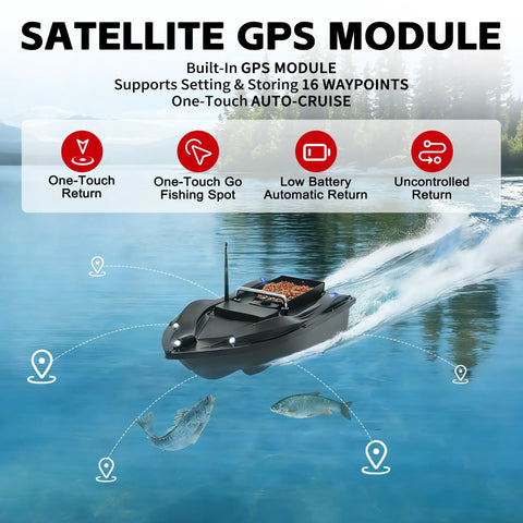RC Fishing Bait Boat With GPS Positioning shown with satellite module and waypoints in a lake setting