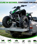 ATV secured with retractable ratchet straps on truck using Retractable Ratchet Straps 4 Pack 1 Inch By 10 Feet Self Retracting Tie Down