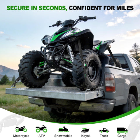 ATV secured with retractable ratchet straps on truck using Retractable Ratchet Straps 4 Pack 1 Inch By 10 Feet Self Retracting Tie Down