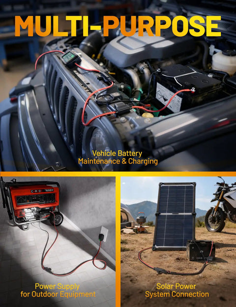 1.25Ft SAE To O Ring Terminal Harness And Battery Charger Cord with 10A 15A 20A Fuses in vehicle and solar panel setup