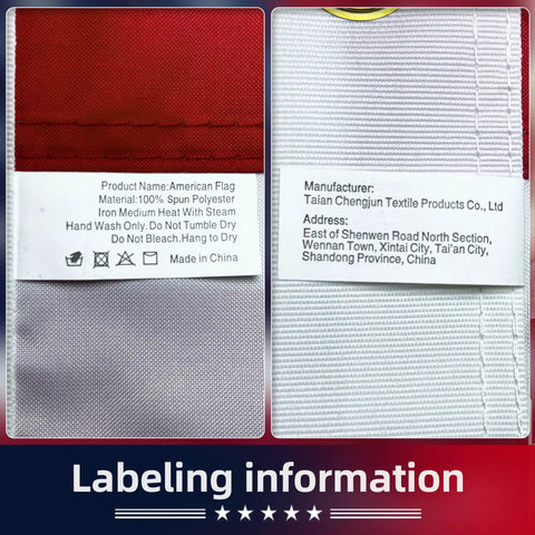 Labeling information of Durable Outdoor American Flag 3x5 Ft Tearproof Heavy Duty Spun Polyester with details and manufacturer info