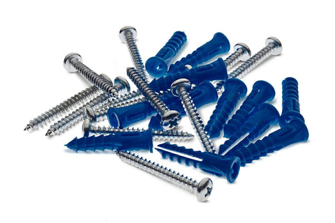 Screws and blue plastic anchors for Two Blue Pegboards For Heavy Duty Tool Organization And Shop Ready Workshop Storage Measuring 18 By 36