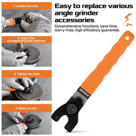 Universal Adjustable Pin Wrench For Angle Grinders And Power Tools With No Hassle Twist Knob Adjustment Heavy Duty Carbon Steel Spanner For Flange Projects demonstrated in use for changing accessories.