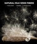 Natural milkweed fibers from Top Shelf Wind Direction Indicator Refill For Hunters And Woodsmen Using Natural Plant Fibers To Read Downwind Air Currents Smoothly Without Messy Talc Powder Dust 25 Gram Pack.