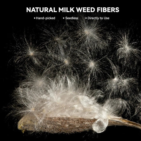 Natural milkweed fibers from Top Shelf Wind Direction Indicator Refill For Hunters And Woodsmen Using Natural Plant Fibers To Read Downwind Air Currents Smoothly Without Messy Talc Powder Dust 25 Gram Pack.