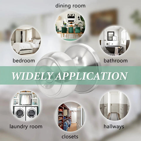 Image showing the applications of 10 Pack Brushed Nickel Round Privacy Door Knobs for Interior Doors, with visuals of various rooms.