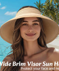 Woman wearing Women's Wide Brim Ponytail Straw Sun Hat Packable Foldable UPF Fifty Plus Khaki Beach Travel Floppy Hat