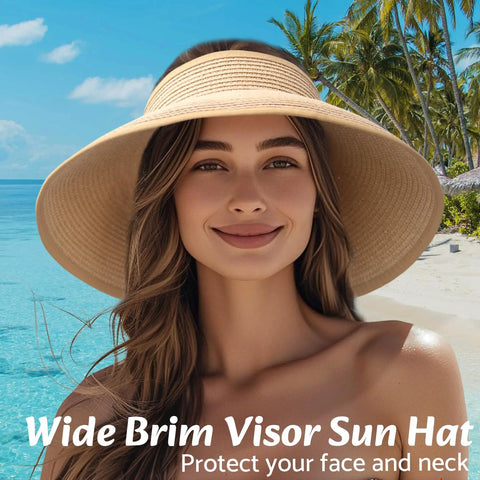 Woman wearing Women's Wide Brim Ponytail Straw Sun Hat Packable Foldable UPF Fifty Plus Khaki Beach Travel Floppy Hat