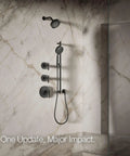 Purist Three Function Showerhead With Handheld 1.75 GPM Matte Black in marble bathroom setting.