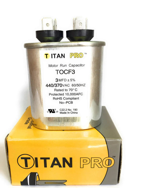 Motor Run Capacitor 3 MFD 370-440VAC 60/50 Hz Oval Shape UL Recognized E185318 High Quality 3 Microfarad HVAC Capacitor For Reliable Motor Performance In Small Fans And Compressors silver capacitor on yellow Titan Pro box