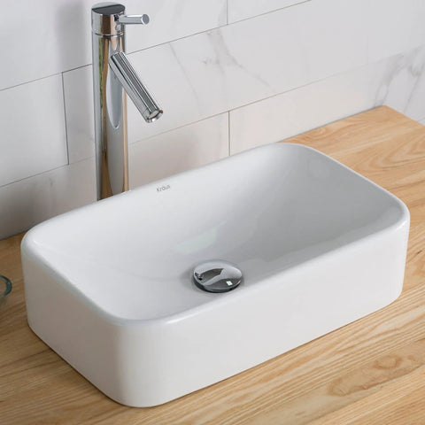 Rectangular Vessel Sink In White Porcelain Ceramic 19 Inch Bathroom Basin Scratch Resistant Stain Resistant High Gloss Finish Easy To Clean Installation Ready Model KCV 122