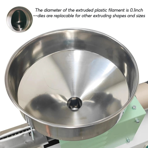 Heavy Duty Single Screw Filament Extruder For 3D Printer Roll Out Dope PEEK ABS PLA Plastic Wire showing metallic funnel with 0.1 inch diameter.