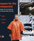 Man wearing Emergency Mylar Poncho With Hood For Rain And Wind Lightweight Reusable Survival Blanket, car background