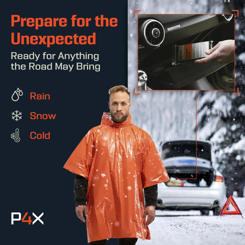 Man wearing Emergency Mylar Poncho With Hood For Rain And Wind Lightweight Reusable Survival Blanket, car background