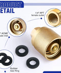 Brass Datanly 2-pack forklift propane connector, female inlet 1-1/4 ACME and 1/4 NPT female outlet, four rubber O-rings.