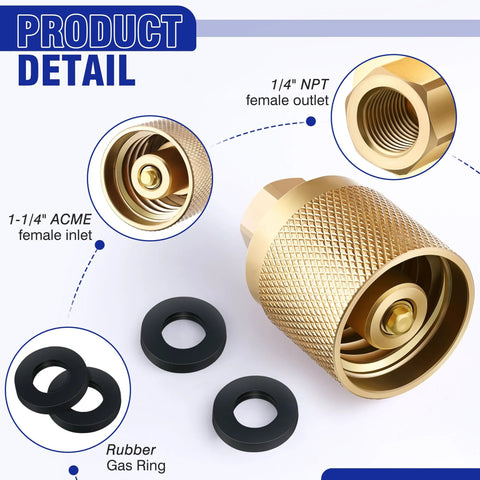 Brass Datanly 2-pack forklift propane connector, female inlet 1-1/4 ACME and 1/4 NPT female outlet, four rubber O-rings.