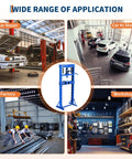Heavy Duty 12 Ton H Frame Hydraulic Shop Press With Manual Pump And Adjustable Steel Table in car repair and workshop settings.