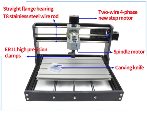 DIY 3 Axis CNC Router Kit With GRBL Control, desktop engraving and milling machine with aluminum frame, detailed components.