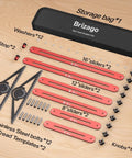 Built Tough Adjustable Aluminum Stair Tread Template Tool And Precision Angle Length Measuring Jig For Flooring Cabinets Carpentry And Fine Woodwork With Smooth Locking Slides components including sliders, bolts, and storage bag.