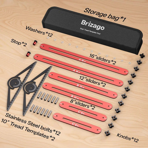 Built Tough Adjustable Aluminum Stair Tread Template Tool And Precision Angle Length Measuring Jig For Flooring Cabinets Carpentry And Fine Woodwork With Smooth Locking Slides components including sliders, bolts, and storage bag.