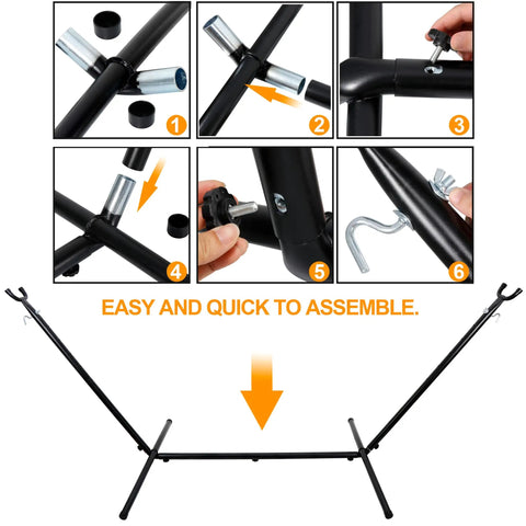 Assembly diagram of Portable 9 Foot Two Person Hammock Stand Built Tough Steel Frame Supports Up To 620 Lbs