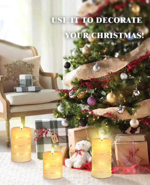 Ivory Real Wax Flameless Taper Candles Set Of 3 With Copper String Lights in Christmas decor with gifts and tree