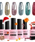 Gel Nail Polish Kit Set 6x8ml Soak Off UV LED Hema Free Glitter Colors Red Green bottles with holiday theme