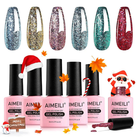 Gel Nail Polish Kit Set 6x8ml Soak Off UV LED Hema Free Glitter Colors Red Green bottles with holiday theme