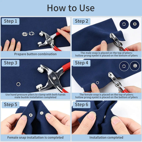Step-by-step guide on using Nifty 9.5 Mm Hollow Metal Snap Fasteners Kit With Pro Level Pliers for fabric projects.