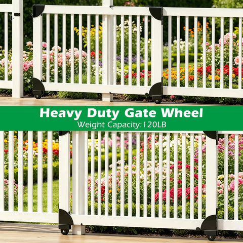 Beefy Heavy Duty Sliding Gate Kit For Deck And Fence With Smooth Roll Wheel Hardware Powder Coated Steel In Black Quiet Glide Weatherproof Gate System For Easy Outdoor Access on white fence, 120lb wheel