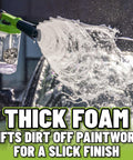 Foam Blaster 6 Car Wash Gun spraying thick suds from garden hose onto vehicle, enhancing cleaning for cars and trucks.